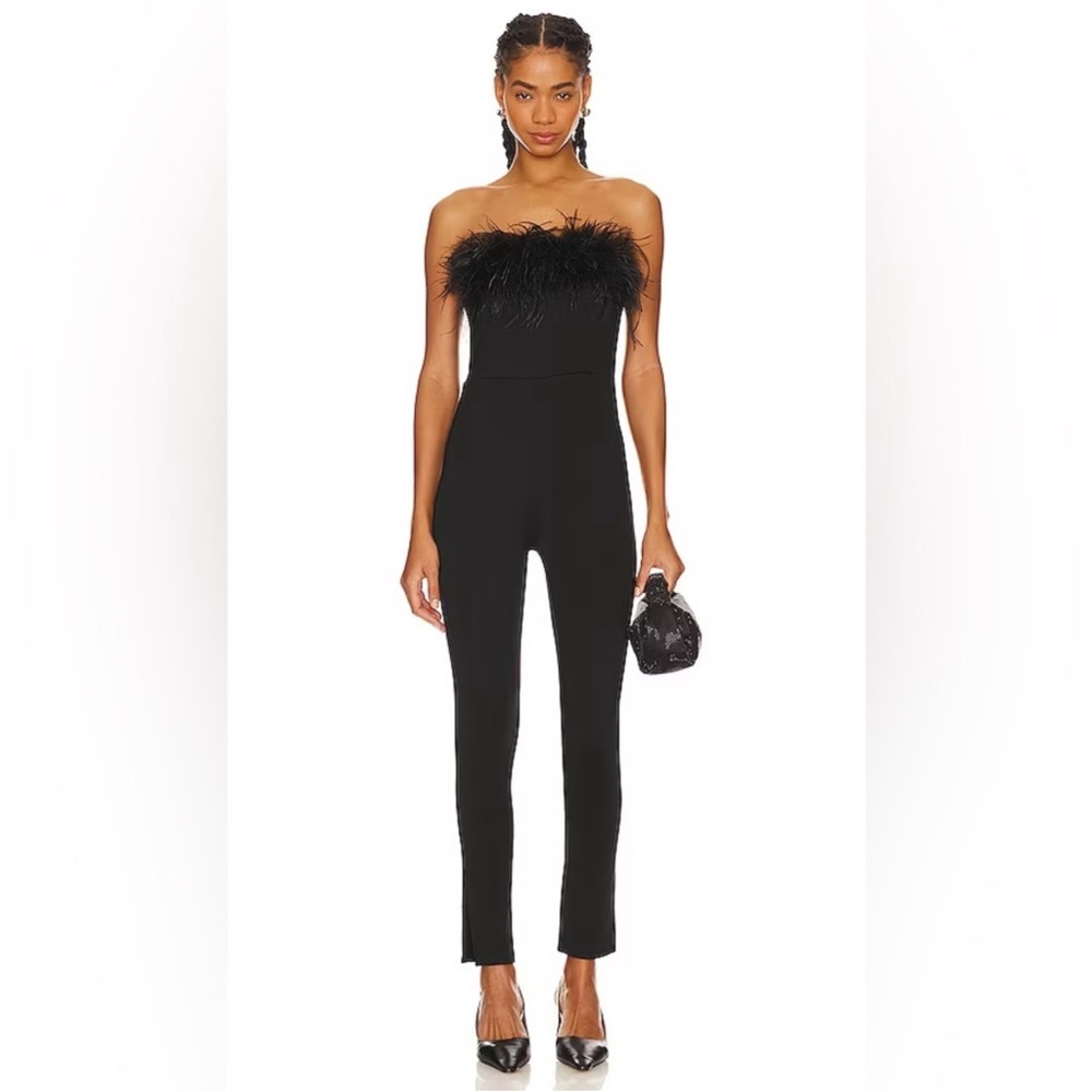Alice & Olivia Idell Off Shoulder Feather Trim Jumpsuit